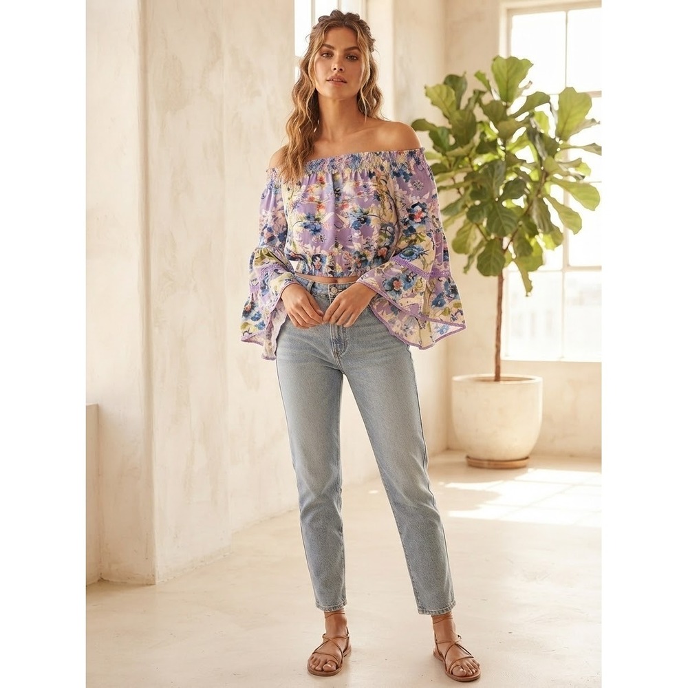 Angie Smocked  Purple Floral Off Shoulder Bell Sleeve Peasant Boho Crop Top M‎